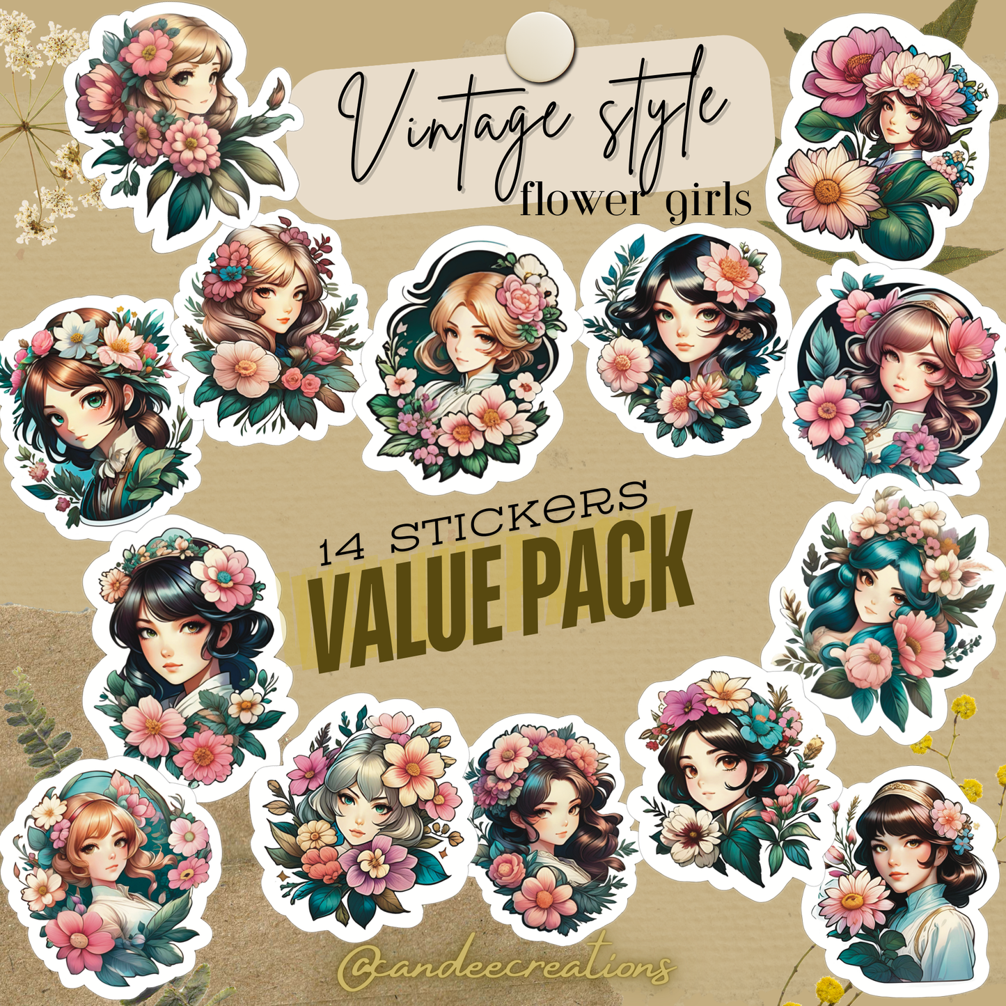 Vintage Style Flower Girls Stickers Value Pack